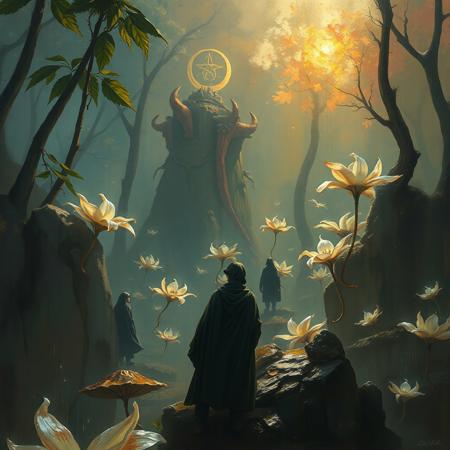 Surrealism, Dark Fantasy Art, breathtaking Craig Mullins bold brush strokes, cinematic contrast, sci-fi realism, textured surfaces ,best quality, masterpiece, extremely detailed,professional  art,professional painting,an extremely delicate and beautiful,dynamic,great lighting,perfect shading,professional shading,depth of field,side soft light, elegant,gorgeous,highly detailed,full shot,uncropped,pure genius,absolutely perfect,highly detailed,breathtaking,
Refugees carrying religions encoded in DNA strands, A jungle with translucent leaves casting prismatic shadows stone tablets floating in magnetic chains,  zenith black hole warping starlight into rings, A proliferation of bioluminescent lilies projecting holographic pollen, seasons stored in geodesic memory crystals, golden drizzle leaving metallic freckles on surfaces, HyperDetailed Illustration,, masterpiece, award-winning, professional, highly detailed, dark, moody, dark fantasy style, expressive, dramatic, organic lines and forms, dreamlike and mysterious, Surrealism