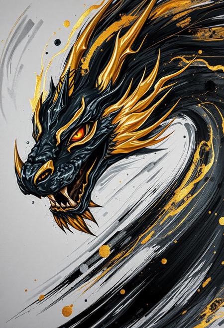 A hyper-stylistic, extremely detailed image depicts a breathtaking painting, crafted from a combination of smeared black and gold metallic paint. A dragon's head is captured in a streaked motion, as if it is moving rapidly in one direction, its fierce features a blur of dynamic energy. The black paint is applied in bold, sweeping strokes, creating a sense of power and intensity that is contrasted beautifully by the golden accents. The gold paint is used to highlight the dragon's scales, adding a sense of depth and dimensionality to the image. The dragon's eyes glow with a fierce, golden light, as if they are burning with inner fire. Every detail of the image is meticulously crafted, from the delicate, swirling patterns of the gold paint to the intricate, textured patterns of the black paint. The contrasts between light and dark, color and texture, create a sense of tension and energy that draws the viewer in, inviting them to explore the dynamic world of the dragon. highest-Quality, intricate details, visually stunning, Masterpiece