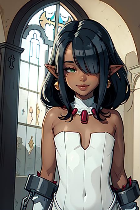 Clergy,flat chest ,pointy ears,  hair over eyes ,black hair, jewelry. long hair, dark skin, 
bare shoulders ,cuffs , green strapless dress ,shackles,  smile,  
upper body , hips, 
 church, milky way,  windows, 
(insanely detailed, beautiful detailed face, masterpiece, best quality)
 <lora:Clergy-10v5:0.7>