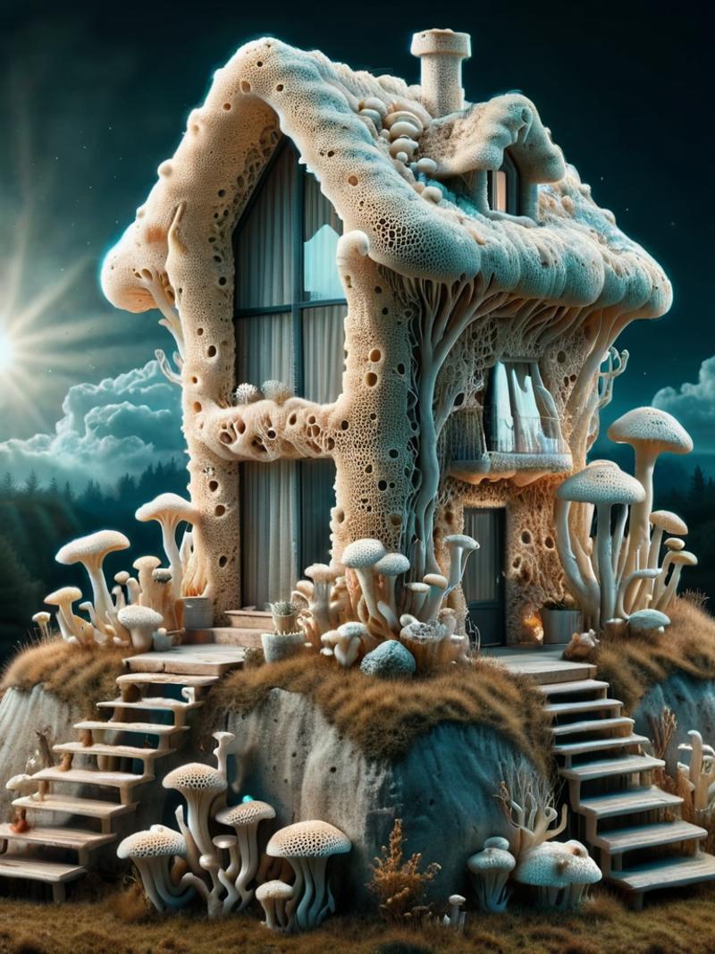 A whimsical mushroom house with a staircase leading up to it.