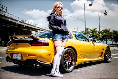 absurdres, ((masterpiece, best quality)),extremely_detailed_wallpaper, illustration,1girl,(girl:1.5),standing, (fullbody), [car],(yellow car:1)solo, (girl stand in front of car:1.5),sitting ,(blonde hair),(yellow hair) ,long hair,looking at viewer,bright,beautiful detailed sky,cloudy sky,city,light,motor vehicle,ground vehicle, sports car,vehicle focus, legs,(white thighhighs),(white footwear),denim shorts, (gray hoodie), <lora:FD3S-000008:0.8>