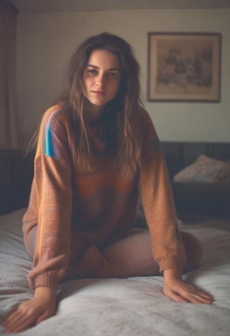 novuschroma10 style, colored pencil, clrs, 1girl, adult, 25 years old, year 1960, beautiful, serene, subtle smile, relaxed, long flowing hair, hair accessories, loose dreads, hippie attire, loose fitting rainbow wool sweater, baggy clothing, no pants, nice ass, ass partially shown under sweater, (lying down on her stomach), on messy bed, (prone), reading, legs crossed, raised. front view, looking at book, away from viewer, view decorative bedroom, detailed bedroom, vibrant background, curtains, rugs, hippy, partial nudity, Evening sunlight, whimsical, uplifting, tranquil, peaceful, moody glow, LUT, vintage, bright, finishing LUT, detailxl