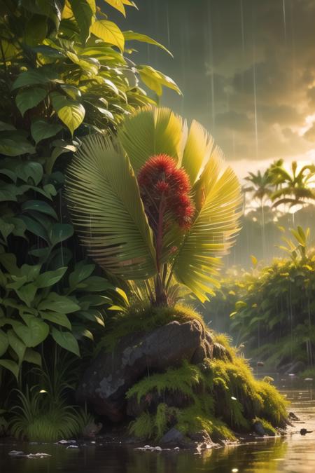 (8k, RAW photo, best quality, masterpiece:1.2), 
yellow hair, red eyes, jungle, tropical trees, green grass, colorful images, rain, <lora:Mynci:0.90>,mynci