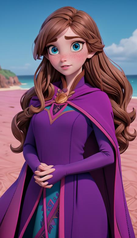 <lora:Anna:1> brown hair, blue eyes, thin eyebrows, pink lips, fair skin, visible eyelashes, purple cape with magenta lining, teal underdress, dark blue dress with flower motifs, black boots, green gloves, blushing cheeks, thick, upper body, freckles, detailed eyes, ocean, sand, sun, palms