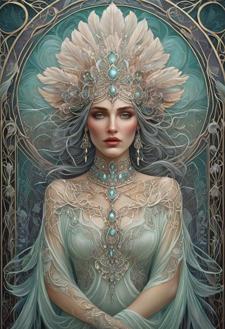 WhiteMold, 
A romantic, fantasy-inspired illustration where Art Nouveau shapes frame a soft, ghostly beauty, her ornate headdress and jewelry rendered in exquisite detail while her expression remains gentle and dreamlike.
opulent theatrical portrait meets ethereal soft realism, rich jewel-toned fabrics with delicate pastel highlights, intricate Art Deco-inspired patterns blending with surreal misty dreamscapes, hyper-detailed facial features with flowing exotic textiles, luminous and elegant atmosphere