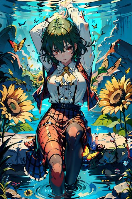 masterpiece, best quality, <lora:kazami:1>,1girl, solo, green hair, skirt, red eyes, pantyhose, kazami yuuka, vest, plaid, butterfly, shirt, bug, flower, ascot, long sleeves, lying, sunflower, plaid vest, white shirt, plaid skirt, on back, breasts, red skirt, frills, black pantyhose, water, red vest, open clothes, skirt set, short hair, petals, parted lips, open vest, yellow ascot, ribbon, looking at viewer, medium breasts, bangs, collared shirt, frilled skirt, blush, hair between eyes, partially submerged, feet out of frame, blue ribbon, sparkle, arm up, frilled shirt collar, large breasts, boots