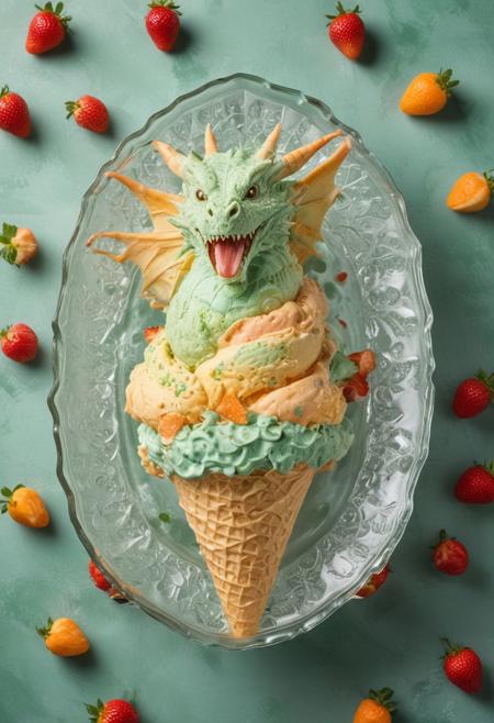 A whimsical and creative visualisation of a dragon-shaped ice cream, intricately detailed scales, crafted from mint and orange flavors, drizzled with strawberry syrup, served in a wide glass dish, creative food photography