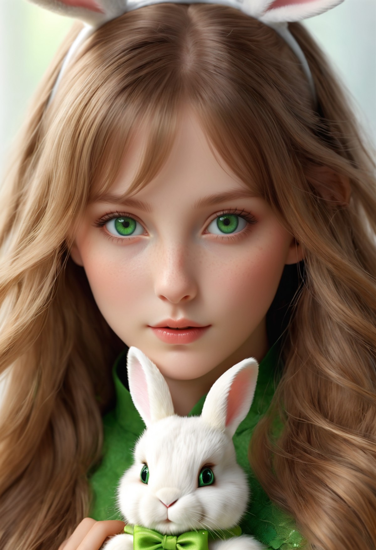 ultrarealistic sweet bunny girl, intricate details, green eyes, 8K, long hair