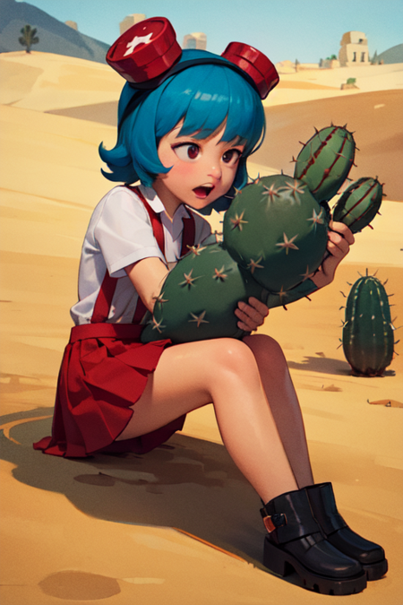 FridaSuarezv1.5, blue hair, red gogles, red skirt, shite shirt, suspenders, playing a red skull shaped guitar, in an old cowbow town in the desert. Rolling cactus plants.