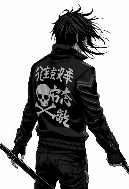 assassinkahb style, a black and white photo of an assassin wearing a motorcycle jacket with japanese writing on the back, solo, simple background, 1boy, white background, jacket, monochrome, upper body, greyscale, male focus, long hair in wind, weapon, clothes writing, skull, skeleton, japanese flag
