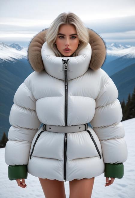 high tech mad science mind-control collar, ziped up oversized thick sherpa padded puffer coat with large turtleneck, With Having Her Entire Neck Covered In Thick Padded Neck Brace, very cold, puffer skirt, full body, winter, snow, mountains, 1girl, masterpiece, detailed face, detailed eyes, beautiful detailed eyes, sidelighting, super detail, hyper detail, intricate_details, detailed, looking at viewer, very detailed face, Blonde hair, white hair, absurdly long hair, hair between eyes, straight hair, green eyes, put your hair behind your ears, eyelashs, eyeliner, eye shadow, wet hair, sweat, white skin, Angry face, blush, padded cuffs, padded collar, Thick padded cuffs, Thick padded collar, sprawled, bound, bdsm, restrained, cuffs, spread legs,spread arms, <lora:Collar-SDXL:0.6>, <lora:Cuffs-SDXL:0.6>, <lora:Puffer_Jacket_and_Down_Jacket_-_Extra_Puffy_Jackets:0.6>, <lora:puffer_skirt_v1:0.6>