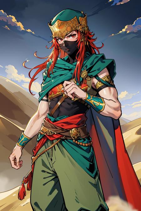 masterpiece, best quality, ascJoshua, mask, turban, green cape, armor, green pants, clothes around waist, boots, standing, cowboy shot, furrowed brow, desert, sandstorm, grey skies, looking at viewer <lora:fejoshua-nvwls-v1-000009:1>