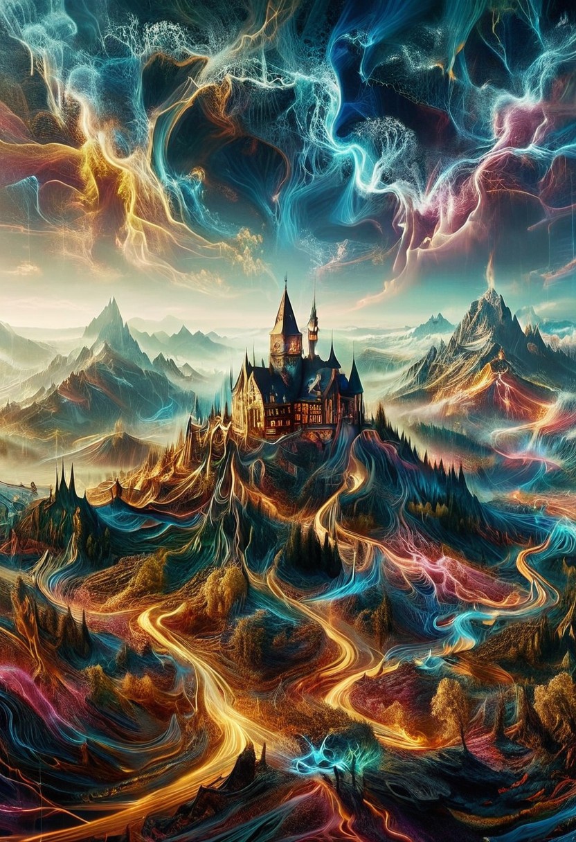 their peaks veiled in mist. mixed media, surrealism, great lighting, A surreal landscape highly detailed . extremely high-resolution details, appears trapped in an optical illusion of reflections and refractions colorful , professional photography, natural lighting, GhostlyStyle, volumetric lighting maximalist. intricately detailed, complex, elegant, expansive, fantastical, film photography style, medium grain, lthndrtrl