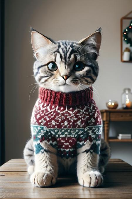 (masterpiece, best quality:1.2), christmassweater, christmas, stuffed animal, cat, no humans <lora:world_christmassweater:1>