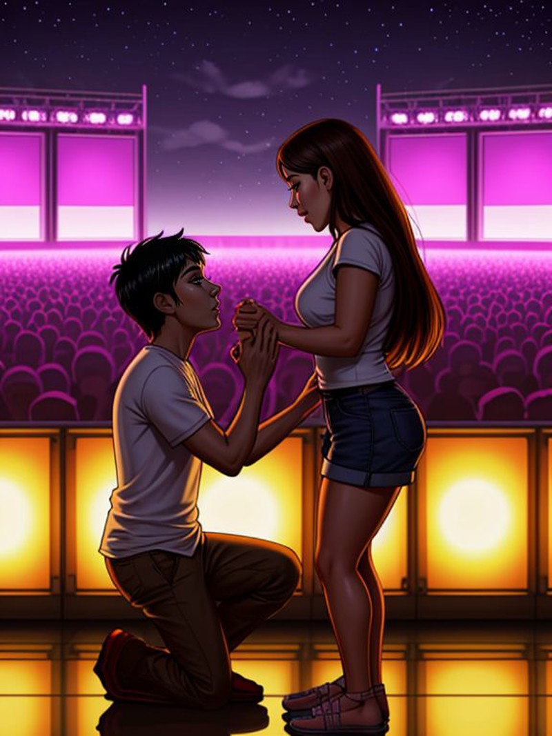 <lora:LCM_LoRA_Weights_SD15:1> 
a surprise proposal at a music festival