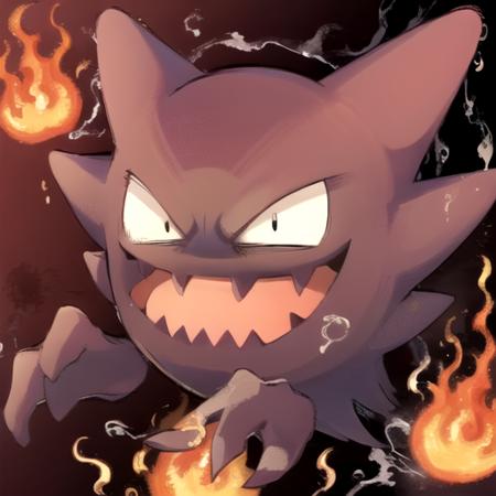 haunter, purple, anime, smile, ^_^, black eyes, closed mouth, looking at viewer, red background, fire, pokemon \(creature\), no humans