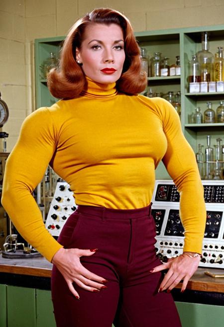 1940s vintage retro, Lois Lane DCU, female bodybuilder woman, very tall, large big enormous gargantuan, extremely buff muscle beefy muscular ripped muscled shredded muscles chopped swole fit, flexing biceps, broad shoulders, wide hips, form-fitting golden-rod-yellow cotton turtleneck long-sleeved t-shirt, tight hip-hugging burgundy-maroon slacks trousers pants, in a mad scientist's lab laboratory, perfect photo, highly detailed, best quality, fine details, coherent face, full body shot, standing, technicolor film still screencap, kodachrome photograph