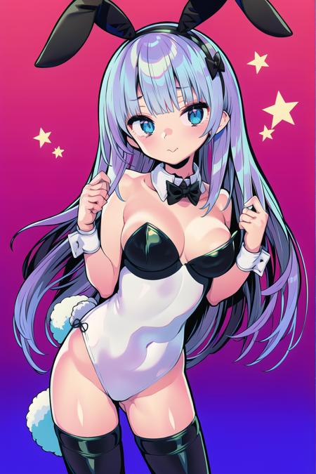 masterpiece,best quality,8K wallpaper,highly detailed,1girl, animal ears, bangs, bare shoulders, black bow, black bowtie, black hairband, black legwear, black leotard, blue eyes, bow, bowtie, breasts, cleavage, detached collar, fake animal ears, gradient, gradient background, hair bow, hairband, (izumi sagiri), leotard, long hair, looking at viewer, pink background, playboy bunny, rabbit ears, silver hair, small breasts, solo, standing, strapless, strapless leotard, tail, thighhighs, wrist cuffs