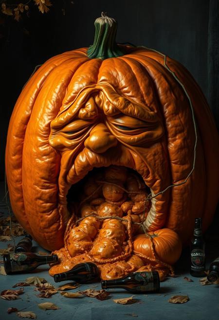 Enormous orange pumpkin with a tired, worn-out expression, sitting on the ground as it vomits its own pumpkin guts. Empty beer bottles scattered around, as if it just had a long night of drinking. The scene is dimly lit, with autumn leaves on the ground, giving off a humorous yet slightly grotesque atmosphere. The pumpkin’s vines are limp, and its color is a bit faded from exhaustion.