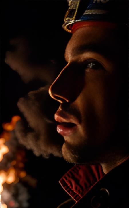 cinematic film still ((Dynamic, vivid colors that evoke urgency)) A photo of a heroic fire fighter rescuing a trapped victim, exuding bravery and strength, dressed in turnout gear, amidst billowing smoke, taken with a telephoto lens, highlighting intricate facial expressions, lit with dramatic backlighting.
<lora:epi_noiseoffset2:1>   . shallow depth of field, vignette, highly detailed, high budget, bokeh, cinemascope, moody, epic, gorgeous, film grain, grainy