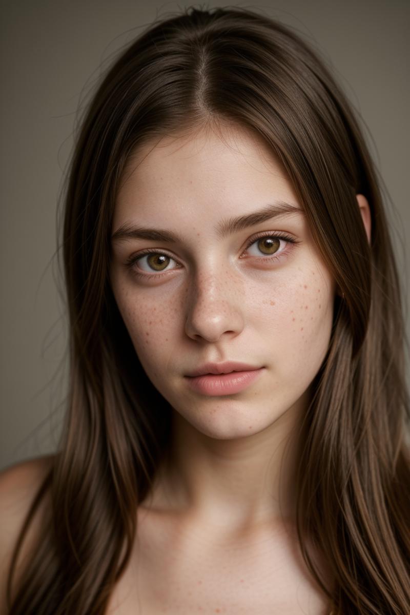 Closeup of a young woman with brown hair and brown eyes.