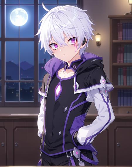 add_elsword, white hair, purple eyes, facial tattoo, 