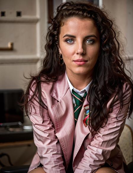 Caption/Description: jod, professional photograph, sitting on a dark stage with dramatic rim lighting, portrait, long hair, uniform, pink lips, sexy, vivid eyes, sharp focus, shallow depth of field
 