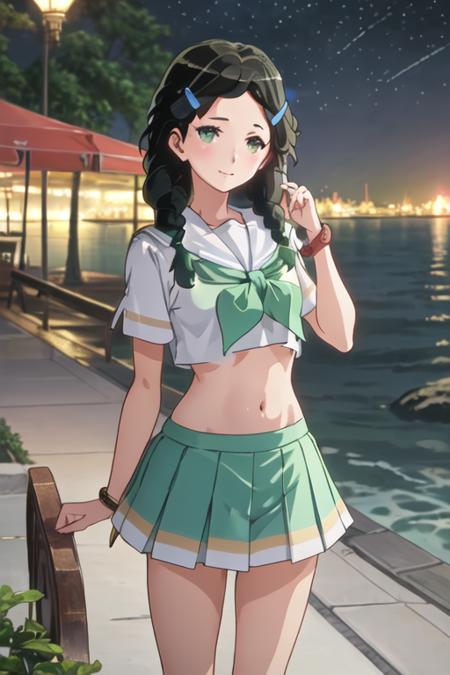 best quality, masterpiece, highres, solo, {night:1.10}, {starry sky:1.10}, beach, beautiful detailed sky, {extremely detailed background:1.20}, {saitou_aoi_soundeuphonium:1.15}, {standing:1.10}, looking at viewer, {bikini:1.30}, black_hair, green_eyes, serafuku, blush, hair_ornament, hairclip, braid, twin_braids, long_hair, light smile