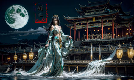 Dark and majestic Chinese palace background at night, waves and swirls of emerald color, a beautiful girl standing in the palace, the center of the sea, traditional Chinese costume jewelry,
elaborate costumes, full body photos, traditional costumes, eye - catching details, the best qualitycrescent_moon,starry_sky,night_sky,
(Real waterRealistic waterflowing water:1.1)ripples
<lora:~Q?-v[ palace background:0.9>