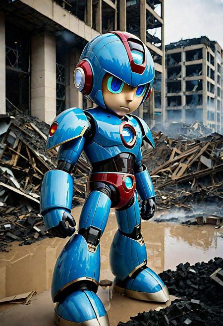 Portrait Photo of a ((blue gelatine megaman:1.7)), who is standing looking at how his city has been destroyed by a nuclear bomb. He has just arrived at the disaster and observes the horror of the destruction, ruined buildings full of smoke and flames, ground full of rubble with skeletons lying around In the dawn light floods the scene, the man is completely dressed in normal clothes and wet, he is dirty, everything is a disaster, the sky is cloudy and it is raining,(beautiful face:1.6), Fujifilm XT3,film still,film grain,cinematic,soldier accessories,war style, professional photo,best quality and best aesthetic,Award-winning artistic photos,Outdoors,public places,( detailed in background:1.6)Perfil,18-20 (dirty:1.8)