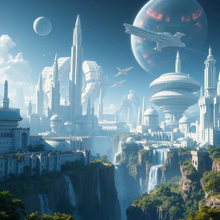 epic scifi landscape, futuristic scifi cityscape, scifi utopia, white buildings, vegetation, waterfalls, megastructure, space station, nebulae,