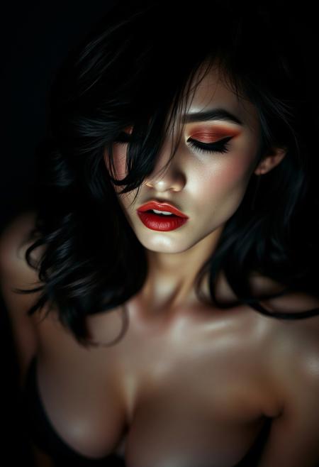 A seductive 25-year-old Vietnamese woman, captured in a moment of intense passion. Her raven hair, styled in loose waves, cascades over her face, obscuring one eye and adding a touch of mystery. The other eye, closed in ecstasy, is framed by a dramatic winged eyeliner and a sultry, smokey eyeshadow. Her lips, slightly parted in a sensual pout, invite a kiss. The subtle contouring highlights her cheekbones, adding depth and dimension to her face. Her head is tilted slightly backward, her neck arched in a moment of surrender. The photographer’s expert use of lighting and shadow creates a dramatic, almost cinematic atmosphere, emphasizing her raw sensuality and dangerous allure. Every curve, every breath, is a deliberate invitation to a world of desire.