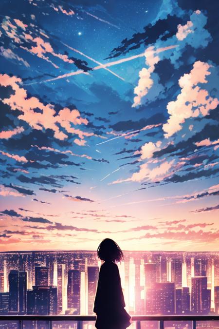 anime,silhouette,1girl, star (sky), cloud, cityscape, building, city, outdoors, skyscraper, city lights, night, night sky, sunset, skyline  <lora:JW-000005:1>