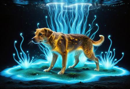 lazypos, A dog sculpted from living rainbow bioluminescence, its form woven from pulsating strands of energy that mimic rolling ocean waves frozen in mid-motion. Every muscle ripple glows with internal radiance, revealing veins of violet and gold beneath its translucent, jellyfish-like skin. Its whiskers stretch like filaments of molten silver, leaving shimmering trails of turquoise sparks in the air. Eyes are deep pools of glowing amber, refracting light like bioluminescent algae under moonlight, hypnotic and infinite. Paws unsheathe claws of condensed moonlight, each step leaving fleeting afterimages of glowing paw prints that dissolve like embers. Surrounding the creature, an ethereal forest glows in response: mushrooms pulse in rhythmic waves, willow tendrils drip liquid light, and the very air swims with floating dinoflagellate sparks. The cat arches its back in a dynamic leap, disrupting a curtain of hanging bioluminescent moss, particles scattering like a slow-motion supernova. Masterpiece-level hyper-detailed fur texture simulation, volumetric god rays slicing through the scene, cinematic shallow depth of field focusing on the dog's blazing eyes.