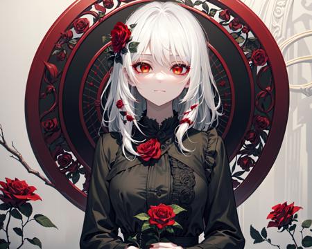 (best quality, masterpiece), (1girl, solo, black dress, standing , looking at viewer, white hair, red eyes, holding rose, closed mouth, upper body), (red dreamcatcher behind, red flower, )