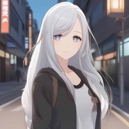 front view, a cute girl in a street, long hair, white hair ambient light, (detailed face, detailed body: 1.4), detailed anime style <lora:Shenhe(Genshin_Impact):0.5>