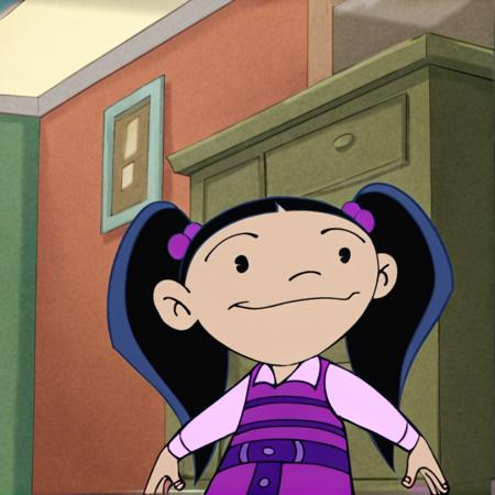 haley_l, black hair, twintails, black eyes, 1girl season1, hair ornament, hair bobbles, stripped dress season2, blouse, bow, purple skirt