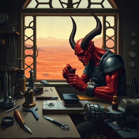a red skinned demon, a look of intense concentration on his face, sits at his workbench as he makes a fine adjustment to the delicate mechanism in his hands. To one side of his bench his precision tools are neatly sorted and on the other several mysterious mechanical  devices are set out, in the background a large window looks out over a barren red desert and low hills
