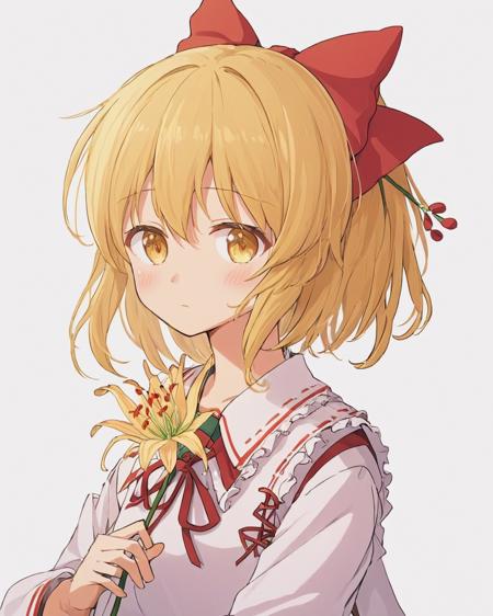 satsuki rin,1girl, hair_bow, spider_lily, red_bow, solo, white_shirt, frills, red_ribbon, wide_sleeves, vest, white_background, neck_ribbon, long_sleeves, upper_body, holding_flower, simple_background, crying, red_flower, japanese_clothes
<lora:satsuki_rin_image186_2023-12-11:1>,star-shaped_pupils,symbol-shaped_pupils,. gorgeous,key visual, vibrant, studio anime,award-winning, professional, highly detailed,high budget, cinemascope