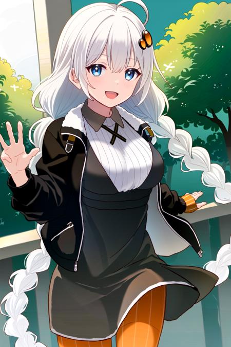 (masterpiece:1.5), best quality, (1girl, solo),
kizuna akari, 1girl, solo, orange pantyhose, long hair, braid, blue eyes, pantyhose, open mouth, white hair, dress, hair ornament, ahoge, jacket, twin braids, breasts, shoes, striped, black jacket, star (symbol), very long hair, gradient, black footwear, long sleeves, ass, striped pantyhose, :d, legs up, blush, bangs, looking at viewer, medium breasts, orange gloves, large breasts, vertical-striped pantyhose
 <lora:KizunaAkari:0.65>
 (( outdoors,cowboy shot,  dynamic pose))
<lora:GoodHands-beta2:0.8>