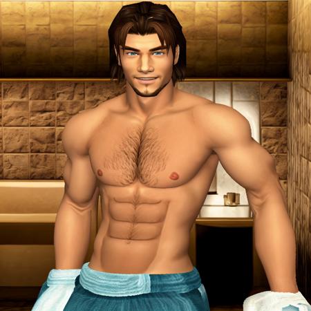 A guy, shirtless, wearing a towel, smiling, brown hair, bathroom, dreamcast style <lora:RetroJoyDreamcast:0.95>