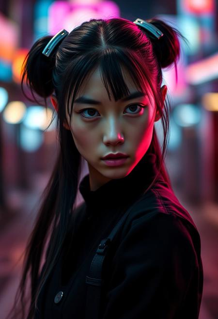 A high-resolution, realistic portrait photo of a young woman with striking features, captured with exceptional detail and professional lighting. Her intense, serious gaze is directed at the viewer, conveying readiness and determination. She has long, jet-black hair styled in high pigtails with metallic clips, adding a modern edge.
A single katana hilt should be visible, positioned naturally across her back without touching her shoulder, as if sheathed. The hilt should be detailed but not appear to emerge directly from her clothing. Her black attire should be sleek, with small buttons that add style without distracting from her expression.
Lighting should be cool and atmospheric, with soft shadows highlighting her facial structure. Subtle reflections of pink and teal neon lights should add vibrancy without overpowering her natural skin tone, which should display realistic textures, like subtle pores, for lifelike detail.
The background should be softly blurred with colorful bokeh lights, creating a cinematic, nighttime cityscape. The bokeh should be muted to maintain focus on her face. Fine particles, like light raindrops or dust, can be visible in the air, enhancing the atmosphere without detracting from her gaze.
Render this image with the highest level of detail, capturing realistic textures, balanced lighting, and a color scheme that maintains a serious, intense mood.