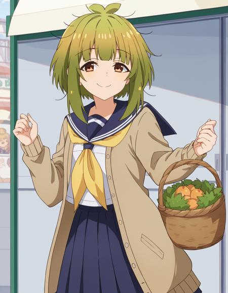 meme bashame, bangs, brown eyes, green hair, blunt bangs, medium hair, messy hair, skirt, shirt, long sleeves, school uniform, white shirt, pleated skirt, open clothes, serafuku, sailor collar, blue skirt, neckerchief, cardigan, blue sailor collar, yellow neckerchief, open cardigan, brown cardigan