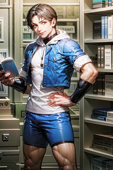 siekensou, 1boy, smiling, closed mouth, cute boy, blue jacket, white hoodie, black turtleneck, bracelets, hand on hips, (reading:1.2), ((at the library:1.2)), blue shorts, medium shot,  masterpiece, detailed face and eyes, perfect illustration, blurry background, solo, colorful books <lora:SieKensouv2-000004:1>