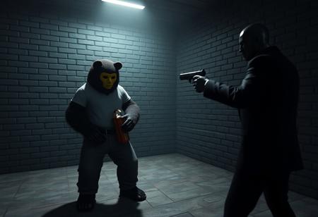epic Grimdark, highly detailed 3D render: Dimly lit room, gray brick walls. Anthropomorphic bear, yellow mask, white shirt, gray pants, holding red object. Opposite, humanoid in black suit points gun. Tension, captivating low key lighting, cinematic, impeccable composition. Octane render, Unreal Engine 5, trending on Artstation, concept art, 8k, lifelike details.