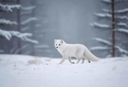 very realistic photograph of a arctic fox walking in a snowy field, coniferous forest background