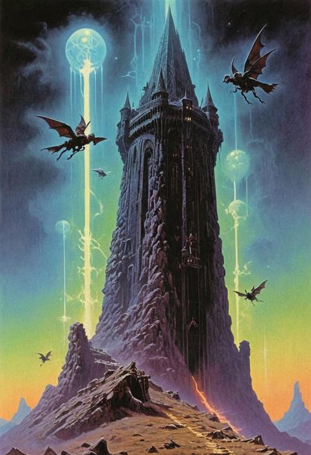 DnD_Grainyboyz, grainy, noise, gloom, haze, sharp picture, crisp edges, bleached, dark fantasy style of Darrell K. Sweet and Wayne Barlowe, mystical, flying in the air, magical tower, glowing, hyperrealistic, high detail