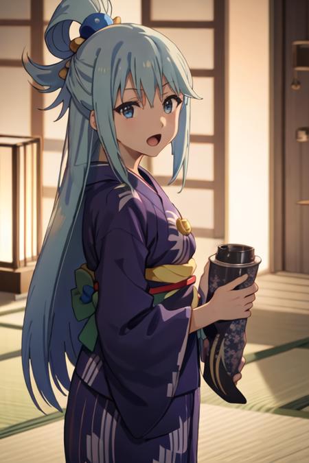 best quality, masterpiece, highres, solo, {yukata:1.40}, {kimono:1.20}, {aqua_konosuba:1.15}, long_hair, blue_hair, hair_ornament, hair_rings, blue_eyes, open_mouth, bow, green_bow, single_hair_ring