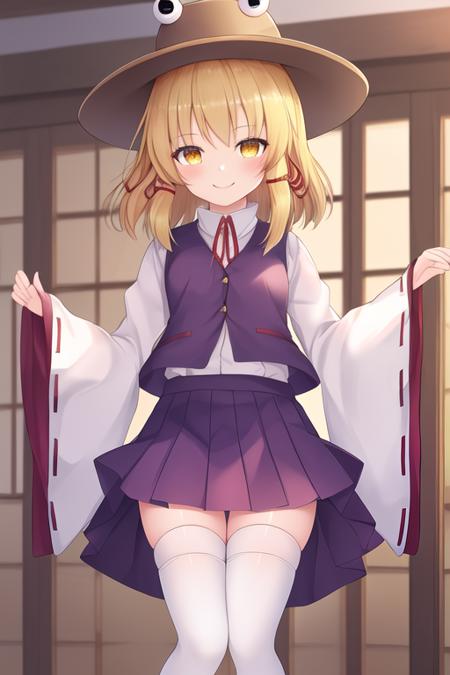 masterpiece, best quality, highres, solo, {moriya_suwako_touhou:1.10}, blonde_hair, hat, ribbon, hair_ribbon, vest, smile, yellow_eyes, red_ribbon, bangs, purple_vest, short_hair, 1girl, wide_sleeves, long_sleeves, looking_at_viewer, skirt, skirt_set, thighhighs, white_thighhighs, shirt