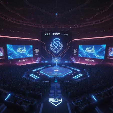 A futuristic esports arena in Riyadh, Saudi Arabia, illuminated by neon lights and holographic displays, featuring the Sony and Esports World Cup logos prominently. In the foreground, iconic SNK fighting game characters (like Kyo Kusanagi or Mai Shiranui) are depicted as high-tech competitors, wearing traditional Saudi-inspired esports jerseys. The scene blends Middle Eastern architectural motifs with cutting-edge gaming technology, showcasing Sony's PlayStation controllers and VR headsets. The atmosphere is electric, with a crowd of diverse gamers cheering under a desert night sky filled with digital effects. Trending on ArtStation, ultra-detailed, cinematic lighting, 8K.
